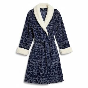 ULTA‎ Cozy Plush Fair Isle Pattern Robe Shawl Collar Belted Blue S/M
